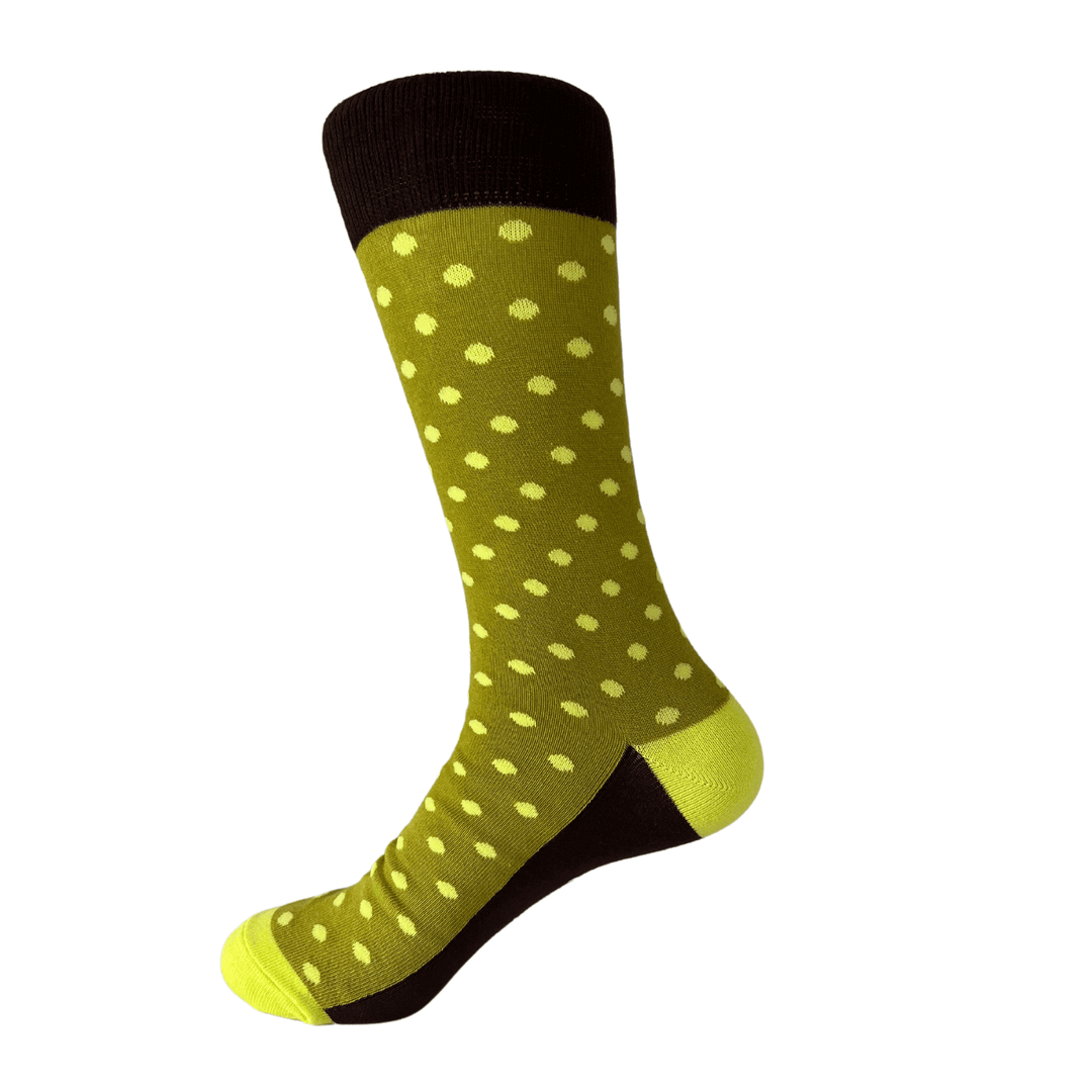 olive green socks | yellow polka dots | men's stylish socks | organic cotton | Sock Geeks