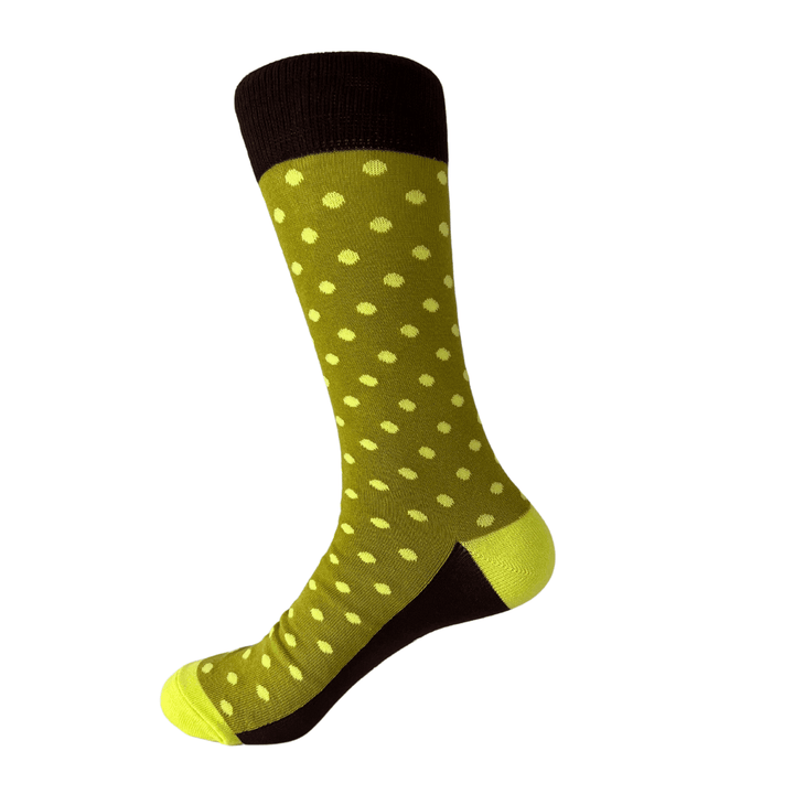 olive green socks | yellow polka dots | men's stylish socks | organic cotton | Sock Geeks