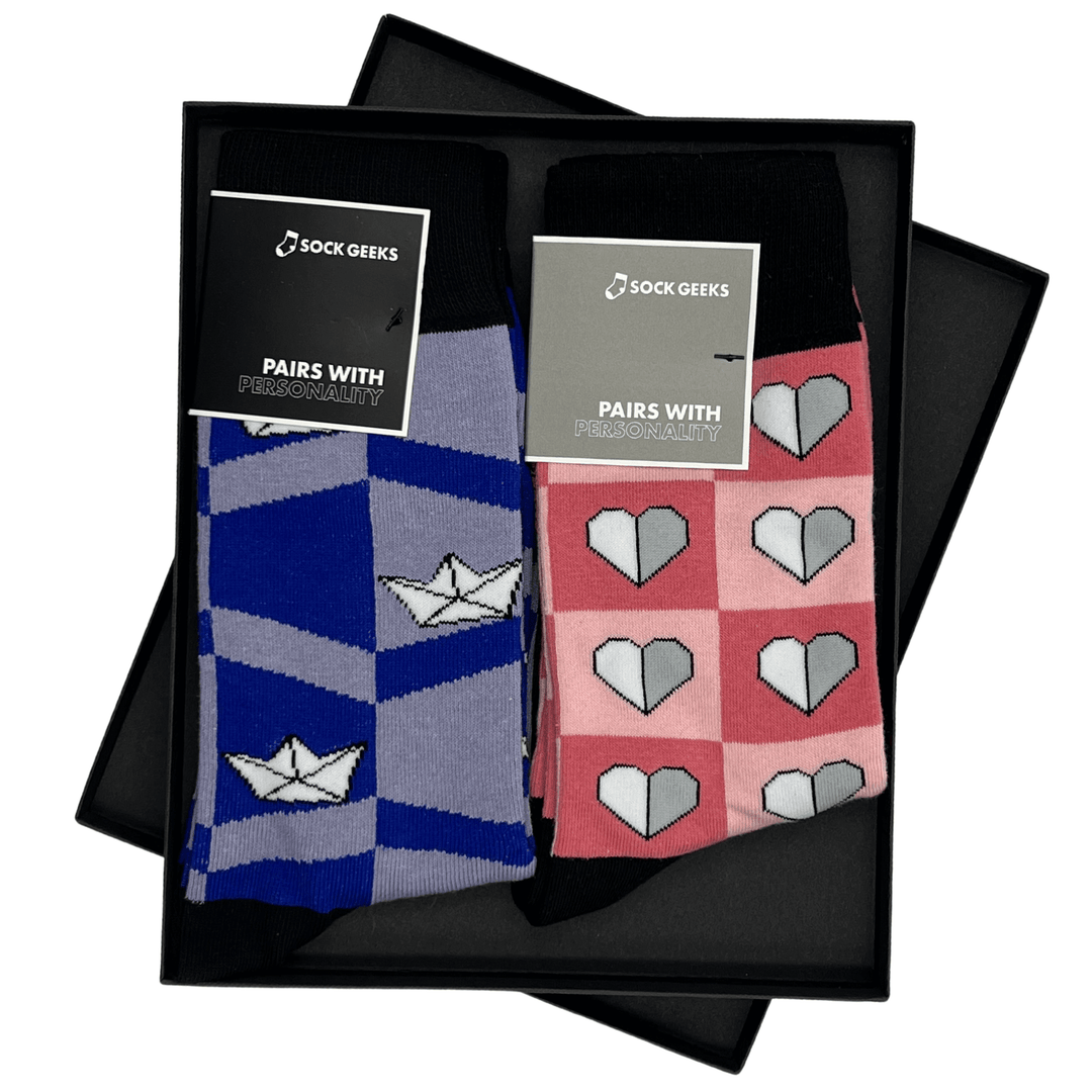 origami-inspired socks | matching couples collection | paper boat design | heart-shaped socks | love-themed fashion | Sock Geeks elegance