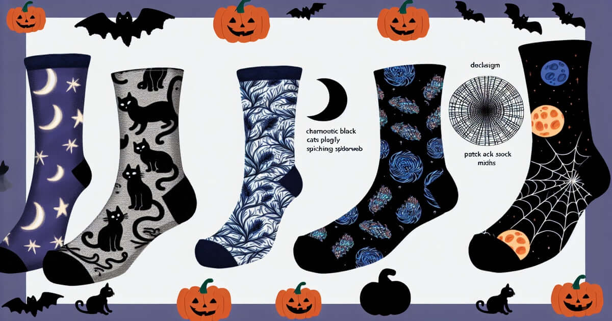 Halloween sock patterns | black cat socks | spider socks | spooky socks | pumpkin patch socks | vampire so