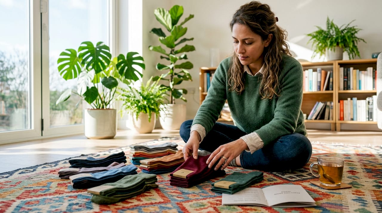 Person organizing professional dress socks at table