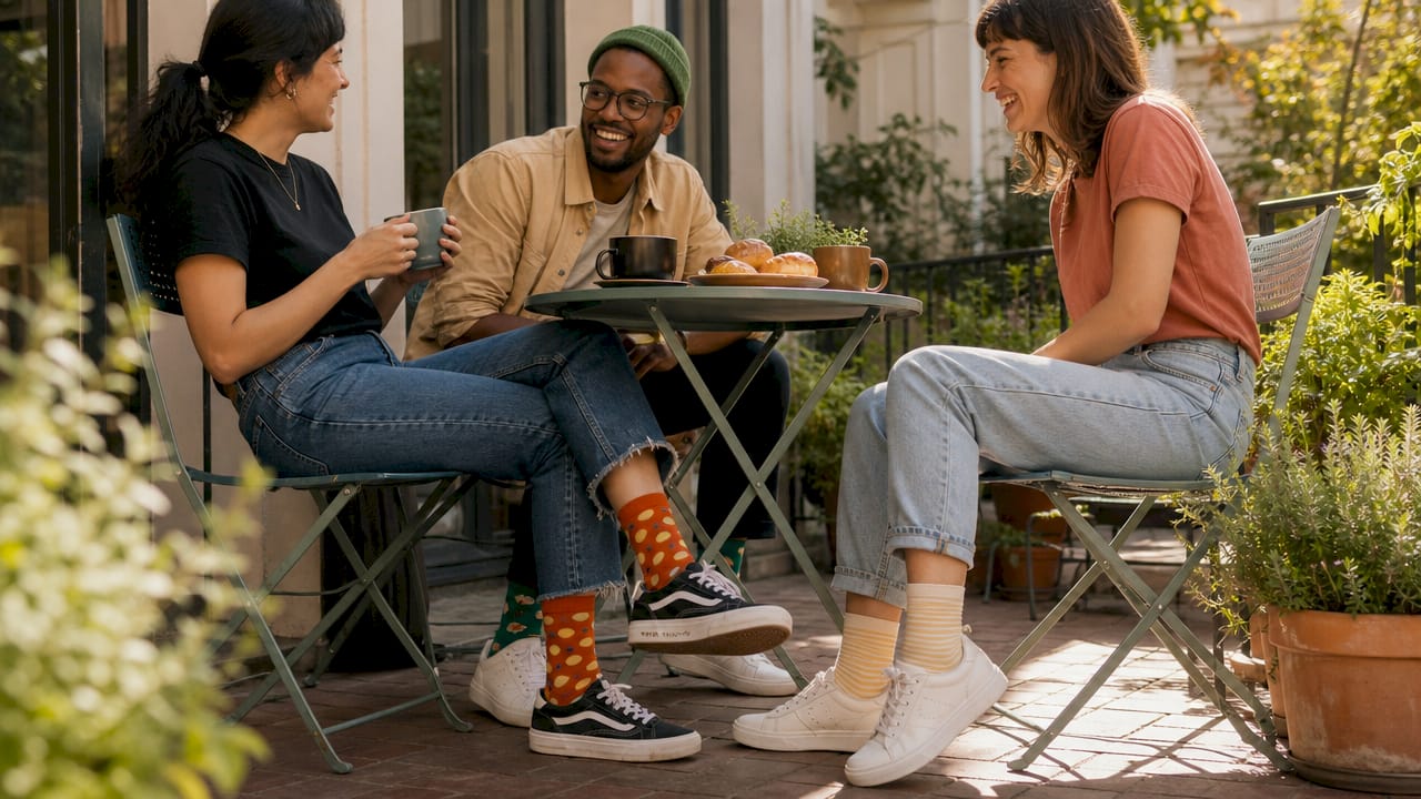 Group chatting showing colorful fun socks