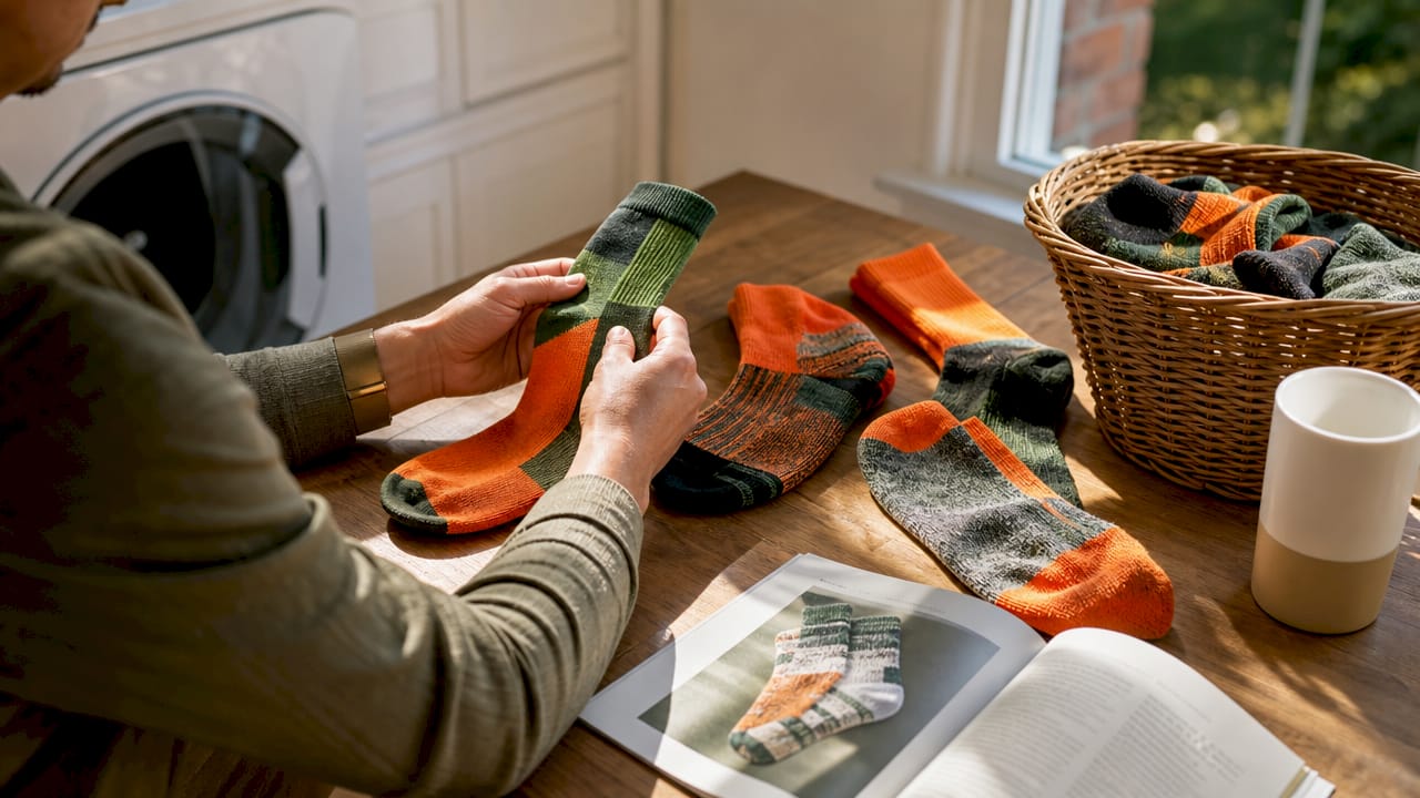 Hands sorting work socks fabric types