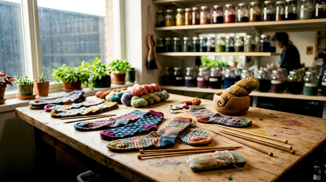 Overhead view of artisan sock display on wooden table