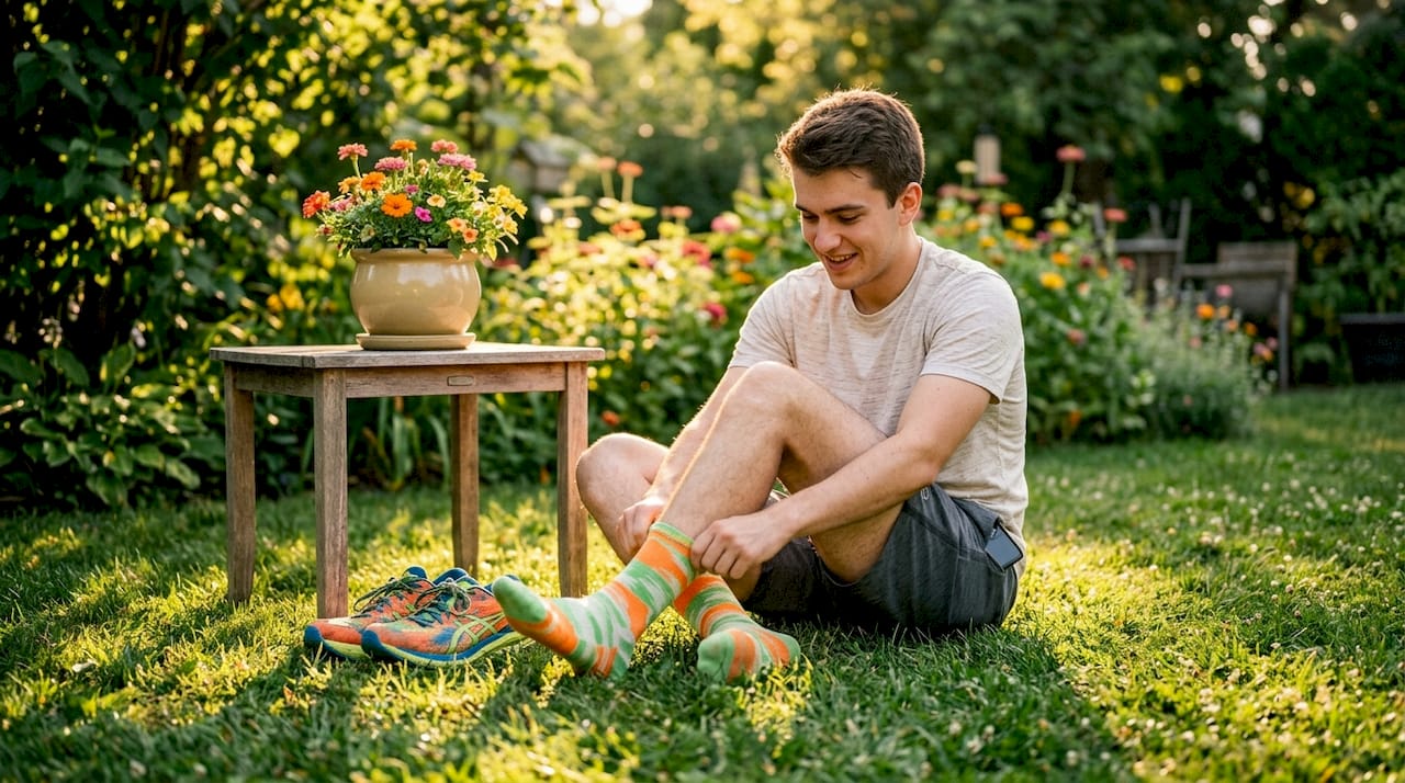 Man putting on moisture-wicking athletic socks