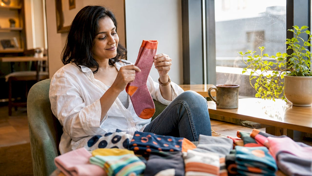 Woman inspecting quality socks at home
