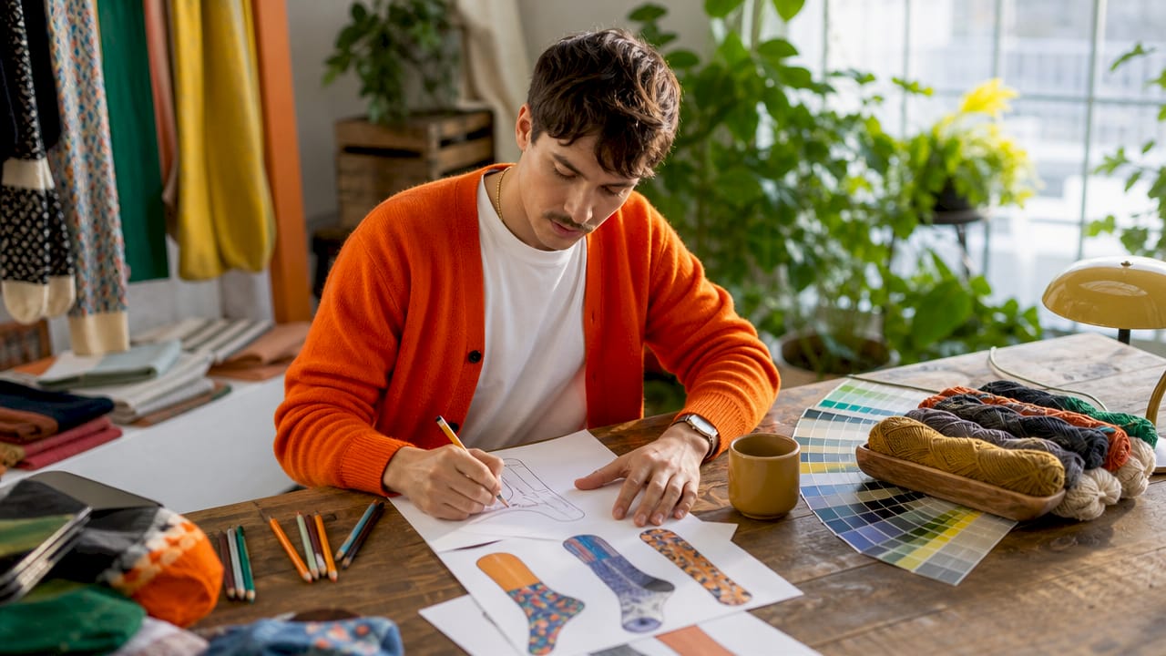 Designer sketching wearable sock art designs