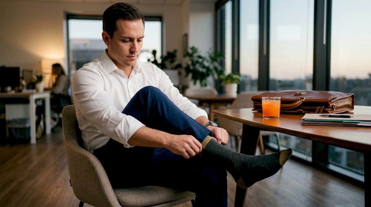 Close-up of professional adjusting office-appropriate sock under trousers