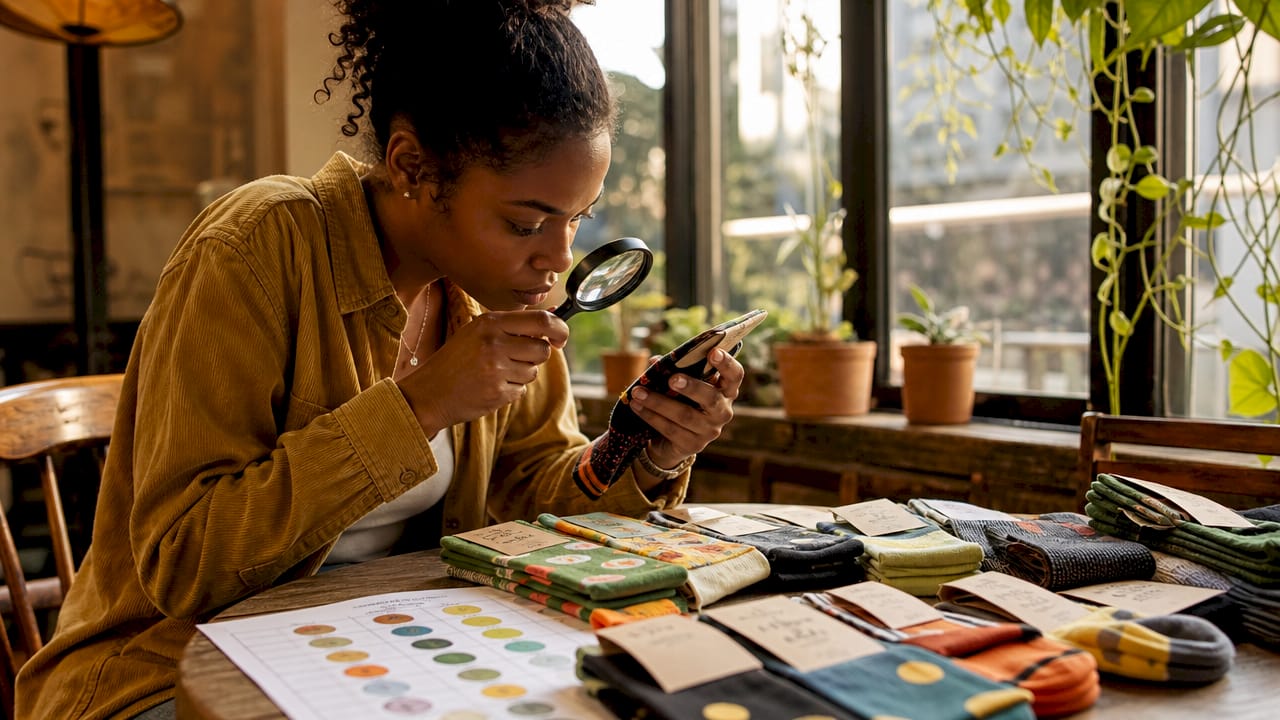 Woman examining socks for eco certification