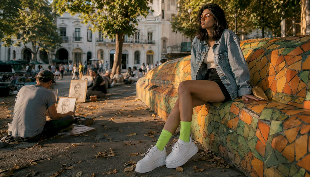 Outdoor side view of woman wearing bold red socks