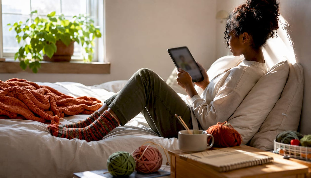 Woman browsing unique sock patterns online at home