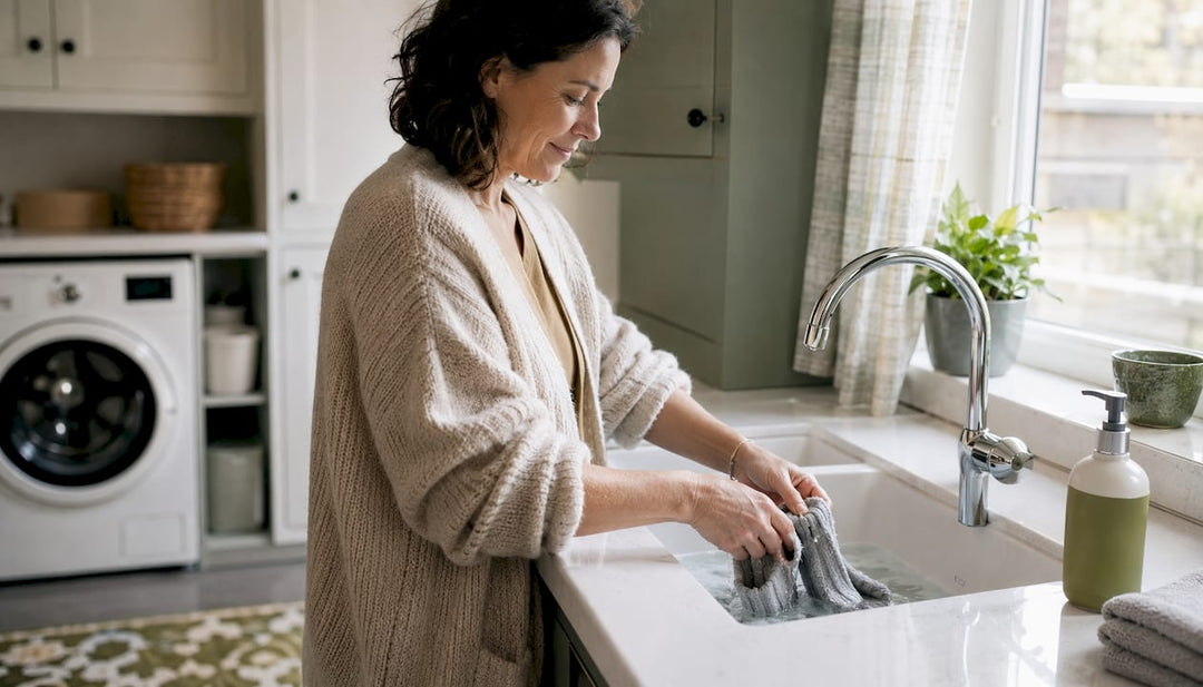 Hands washing cashmere socks gently in rustic sink