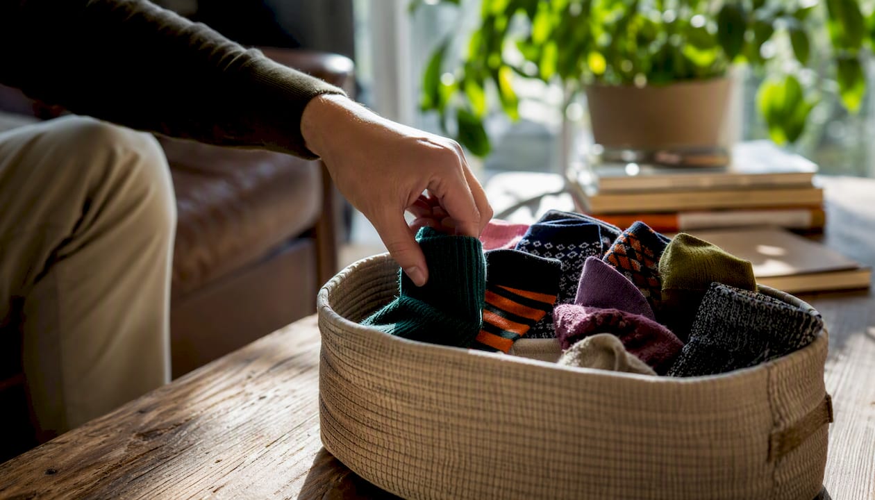 Hand selecting colourful wool socks from subscription box