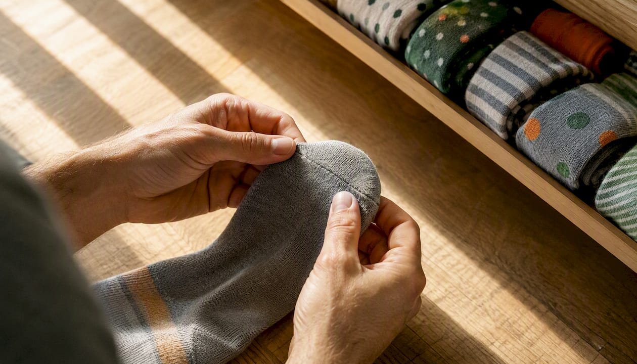 Hands inspecting sock fabric texture and toe seam