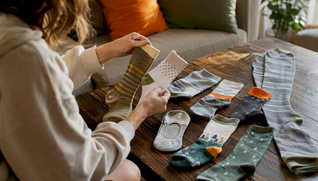 Hands holding various sock lengths on wooden surface