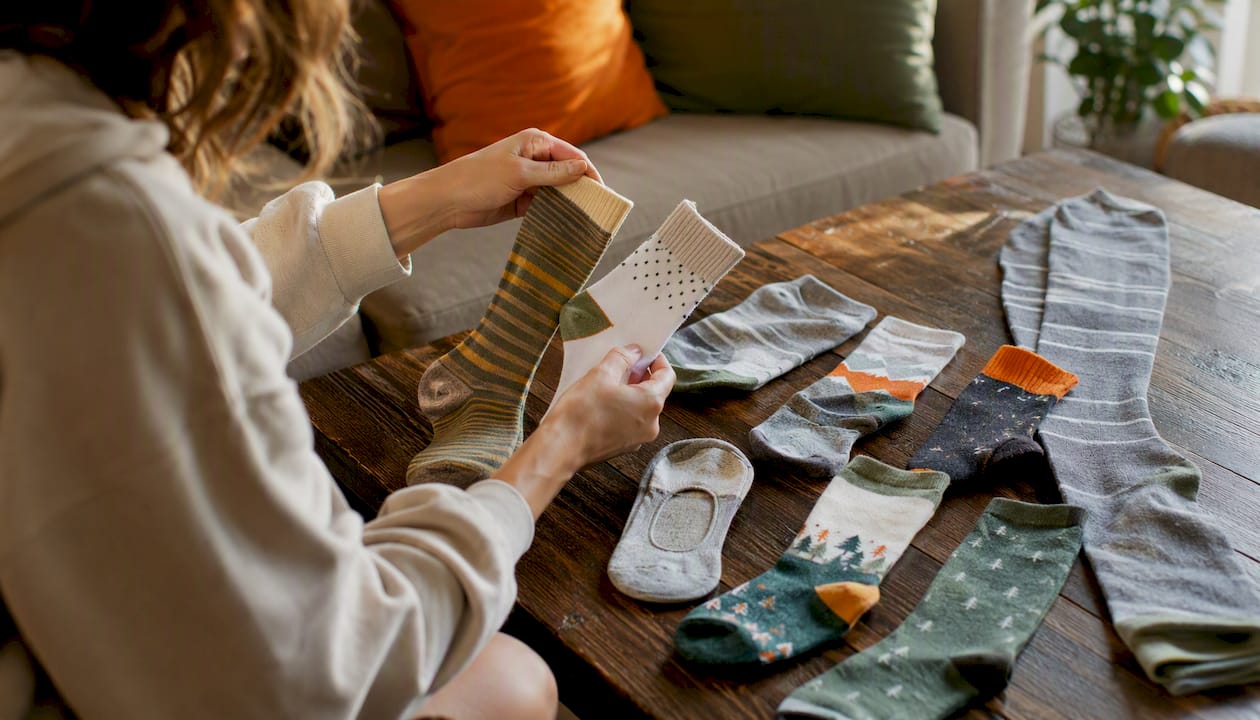 Hands holding various sock lengths on wooden surface