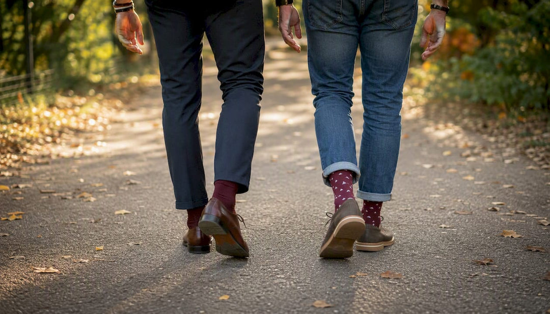 Couple's feet with matching burgundy socks