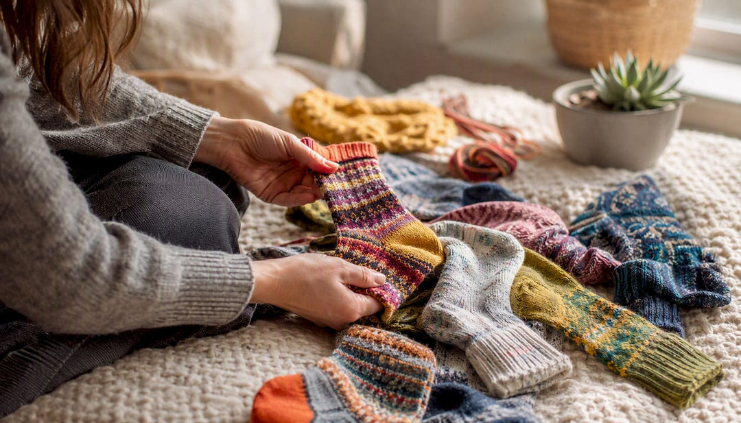 Hands sorting colorful socks on fabric surface
