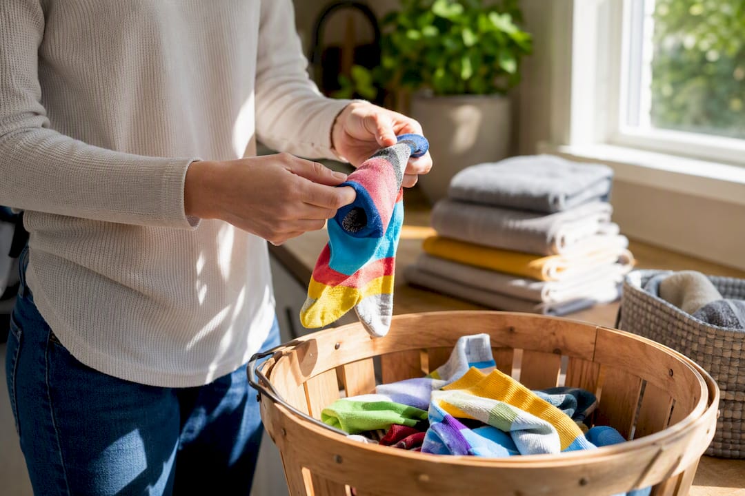 Hands turning socks inside out for washing