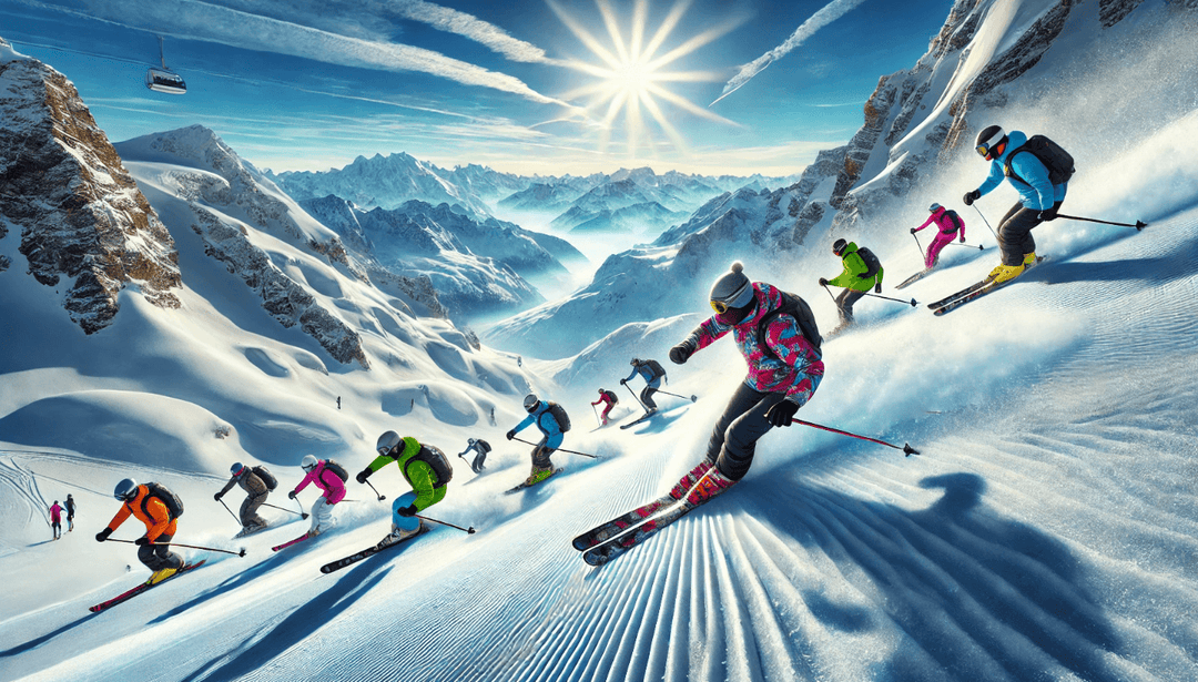 skiing | snowy mountains | winter sports | alpine adventure | skiers in action | mountain slopes | clear blue sky