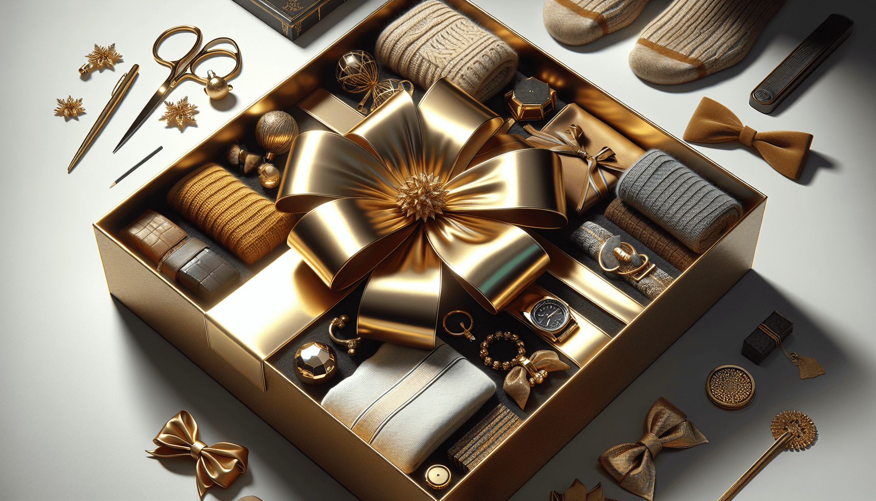 A luxury gift box with a golden bow, filled with stylish items and accessories, representing the ultimate luxury gift guide for Christmas 2024.