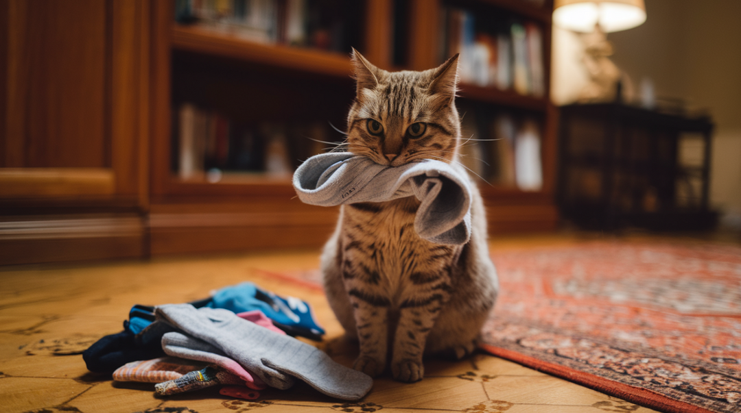 cat behavior | sock stealing | feline hunting instincts | pet enrichment | interactive cat toys | sock protection | cat play habits