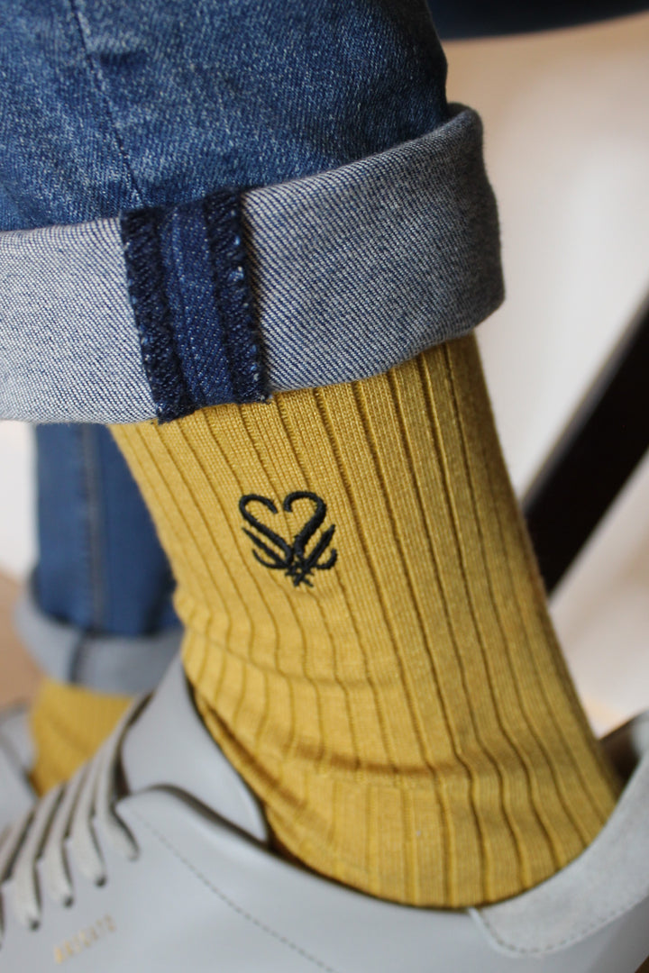  sustainable bamboo socks men | luxury mid-calf socks | stylish mustard socks | London sock company