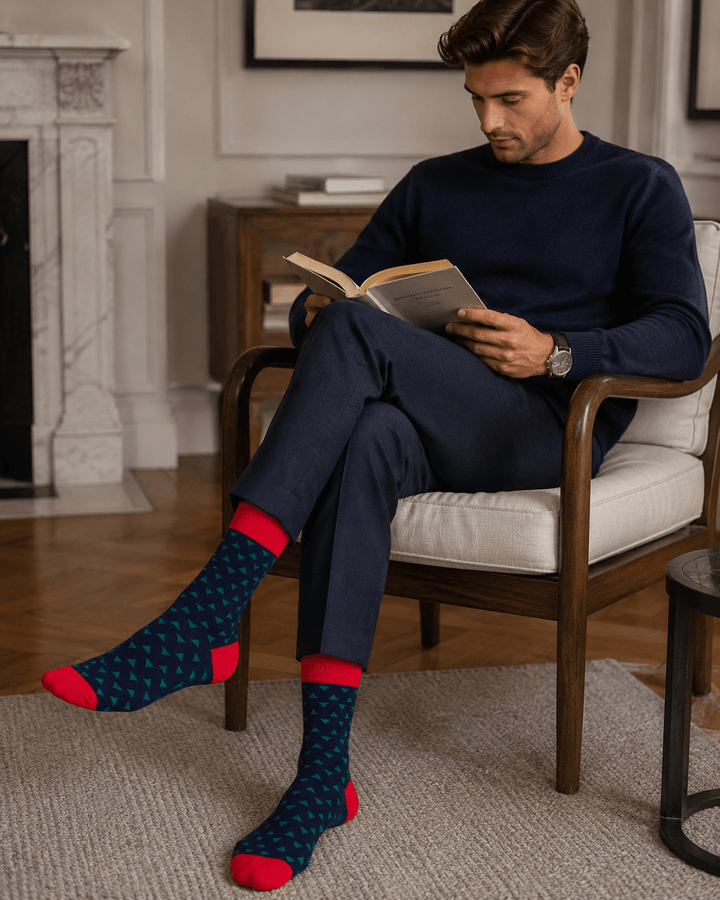 teal triangle socks | red heel toe socks | geometric dress socks | colourful men's socks | modern patterned socks | Sock Geeks geometric collection l London Sock Company