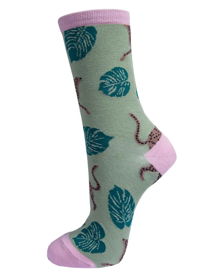 Womens Bamboo Socks | Leopard Print Cheetah Green | Sock Geeks
