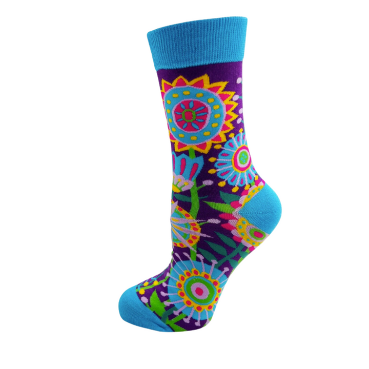 Funky Floral socks | Women's crew socks | Abstract design | Kaleidoscope flowers | Purple background | Blue toes and heels