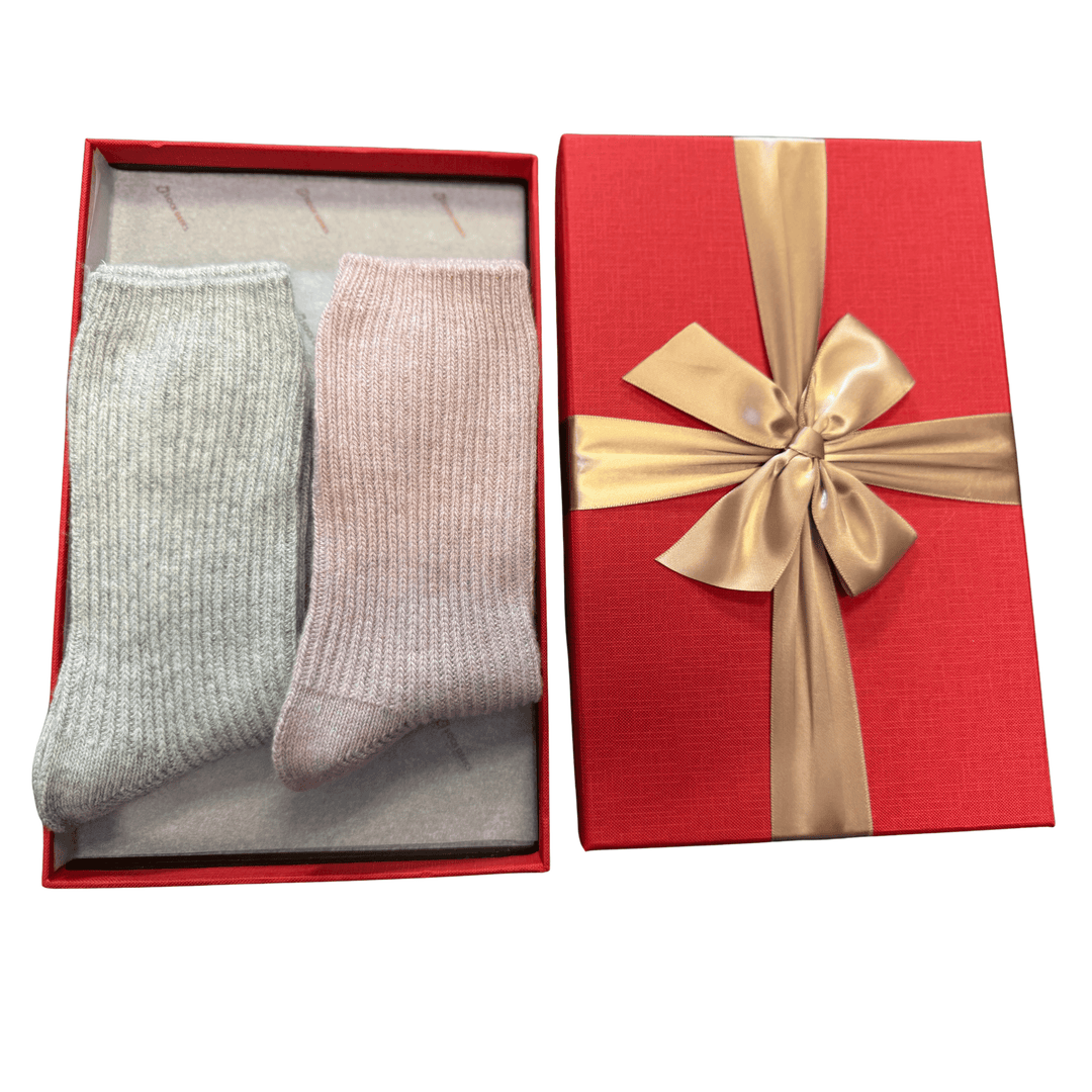 Grey and pink cashmere socks gift set for women in premium red gift box with satin ribbon