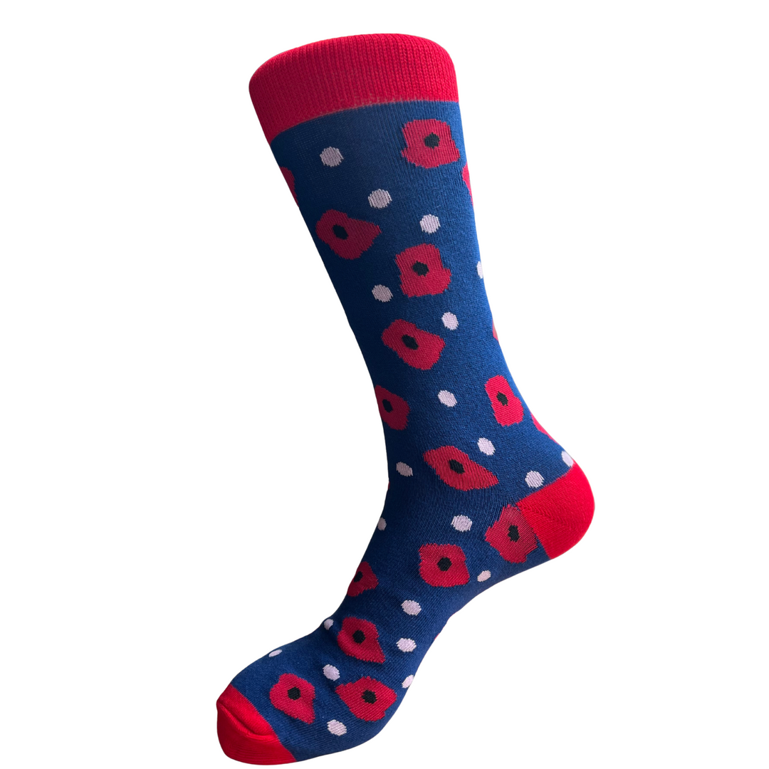 Blue sock with red poppy pattern on a white background
