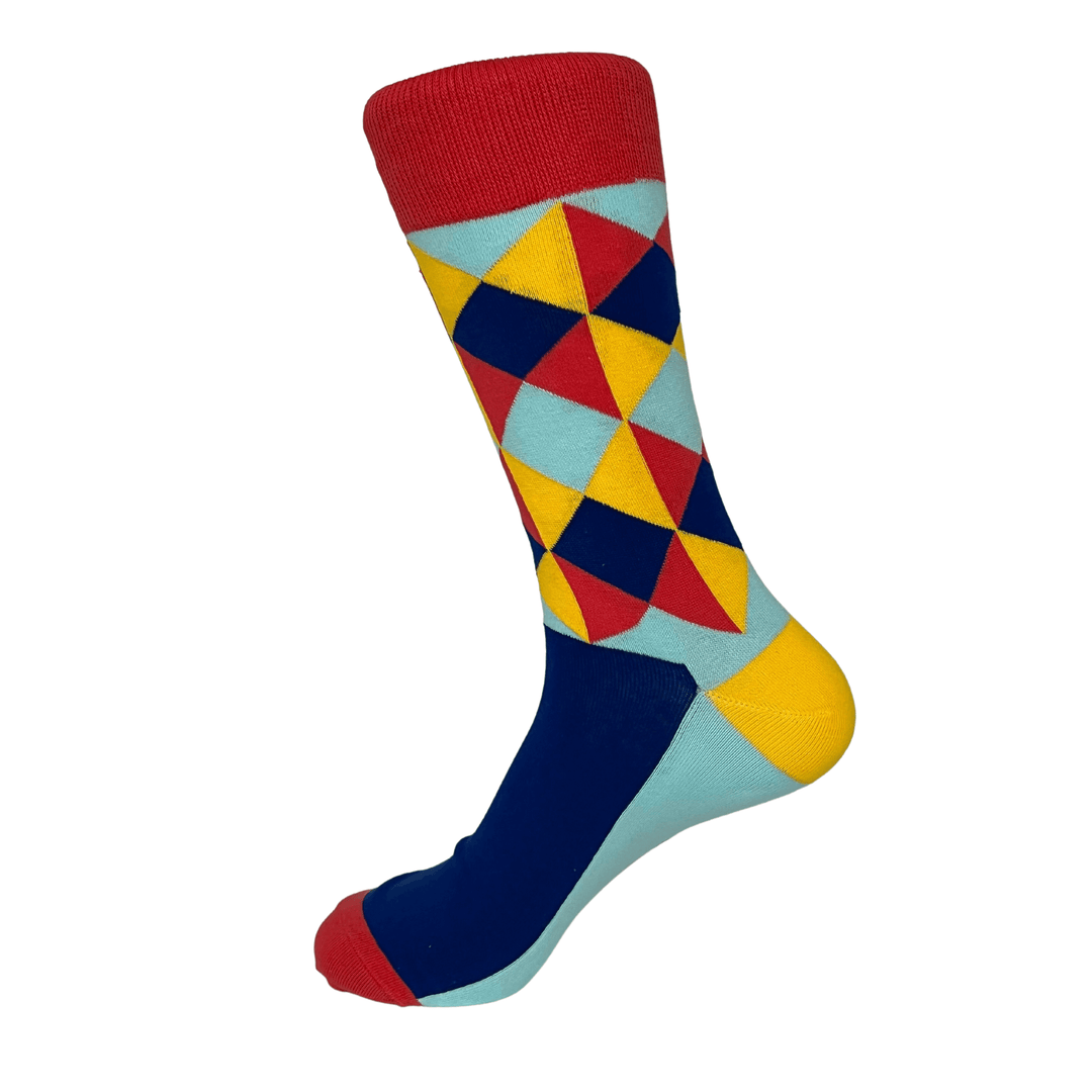 diamond pattern socks | vibrant colors | red blue yellow | bold design | unique sock collection | fashion statement