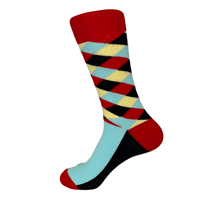 diamond pattern socks | vibrant sock collection | bold colorful designs | red blue yellow black | versatile fashion accessories
