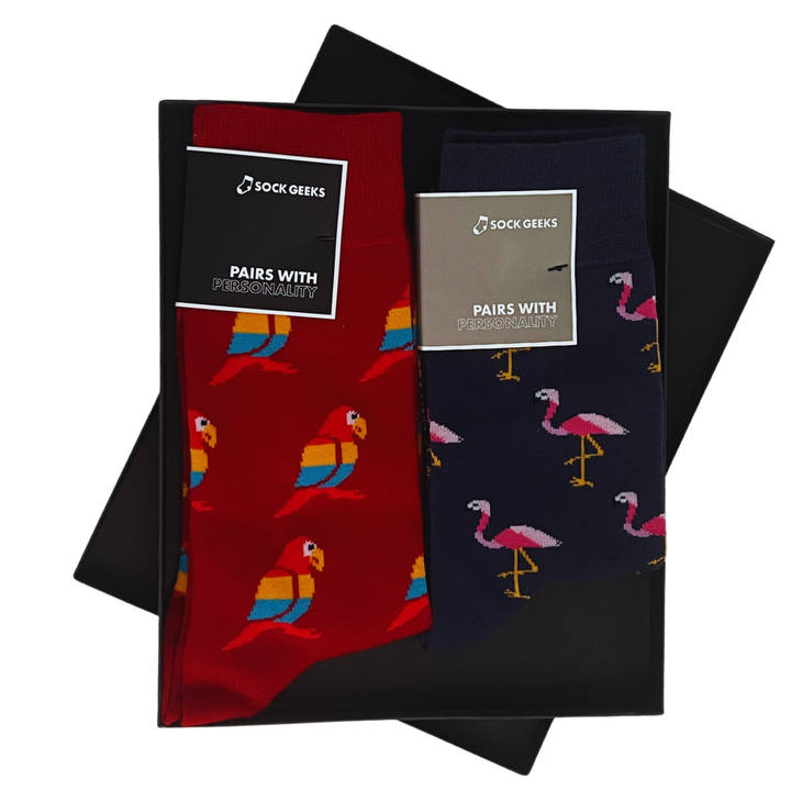 couples socks | men's parrot socks | women's flamingo socks | tropical socks | vibrant sock designs | high-quality couples socks