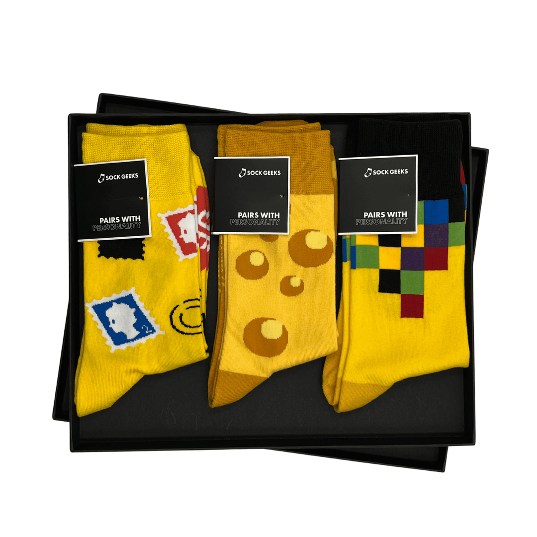 Luxury Bold sock collection | yellow socks | gift box | golden ribbon | tissue paper | vibrant | luxury | style | gifting