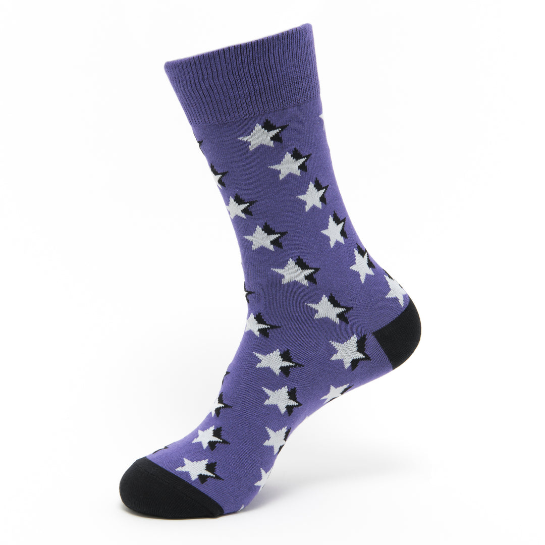Celestial Starlight socks | night sky-inspired design | purple background | white stars | black toe and heel | cosmic elegance | celestial fashion trend